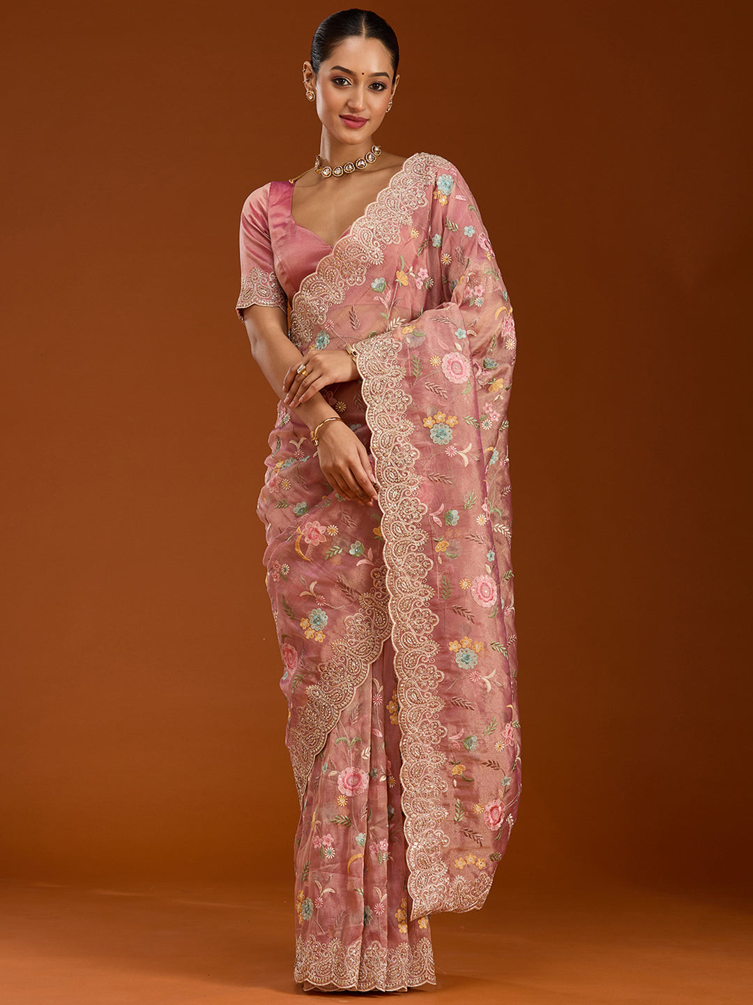 Onion Pink Tissue Cording Saree With Matching Blouse Piece