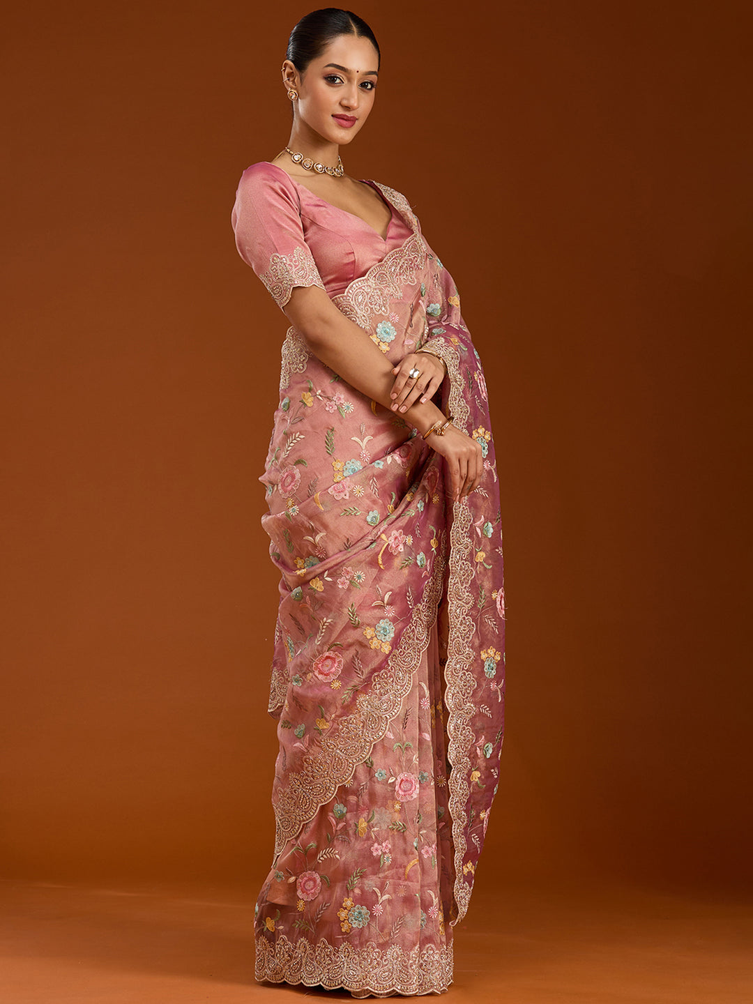 Onion Pink Tissue Cording Saree With Matching Blouse Piece