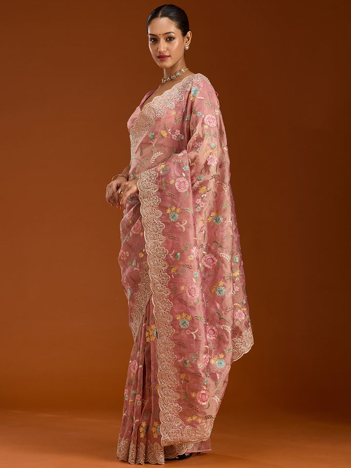 Onion Pink Tissue Cording Saree With Matching Blouse Piece