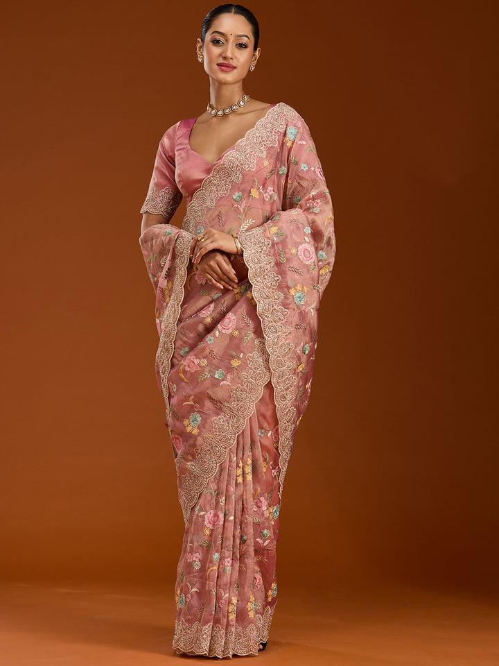 Onion Pink Tissue Cording Saree With Matching Blouse Piece