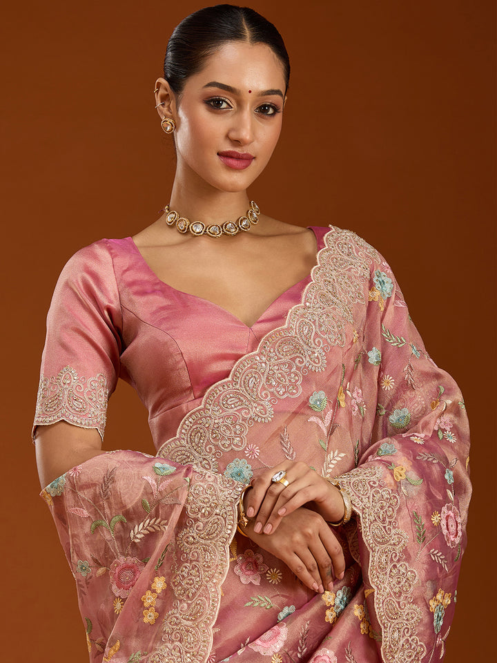 Onion Pink Tissue Cording Saree With Matching Blouse Piece