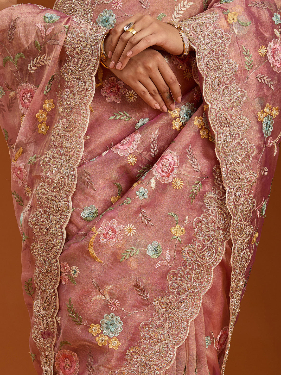 Onion Pink Tissue Cording Saree With Matching Blouse Piece