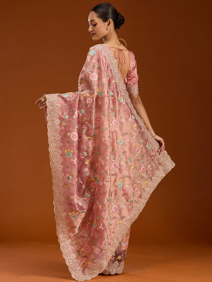 Onion Pink Tissue Cording Saree With Matching Blouse Piece