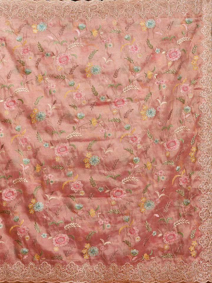 Onion Pink Tissue Cording Saree With Matching Blouse Piece