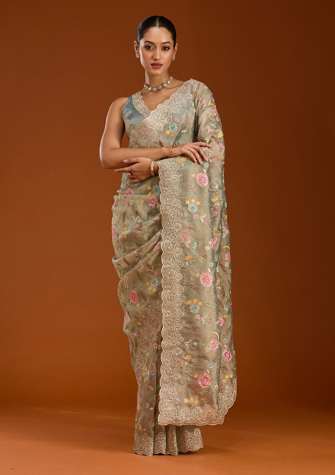 Sky Blue Tissue Cording Saree With Matching Blouse Piece