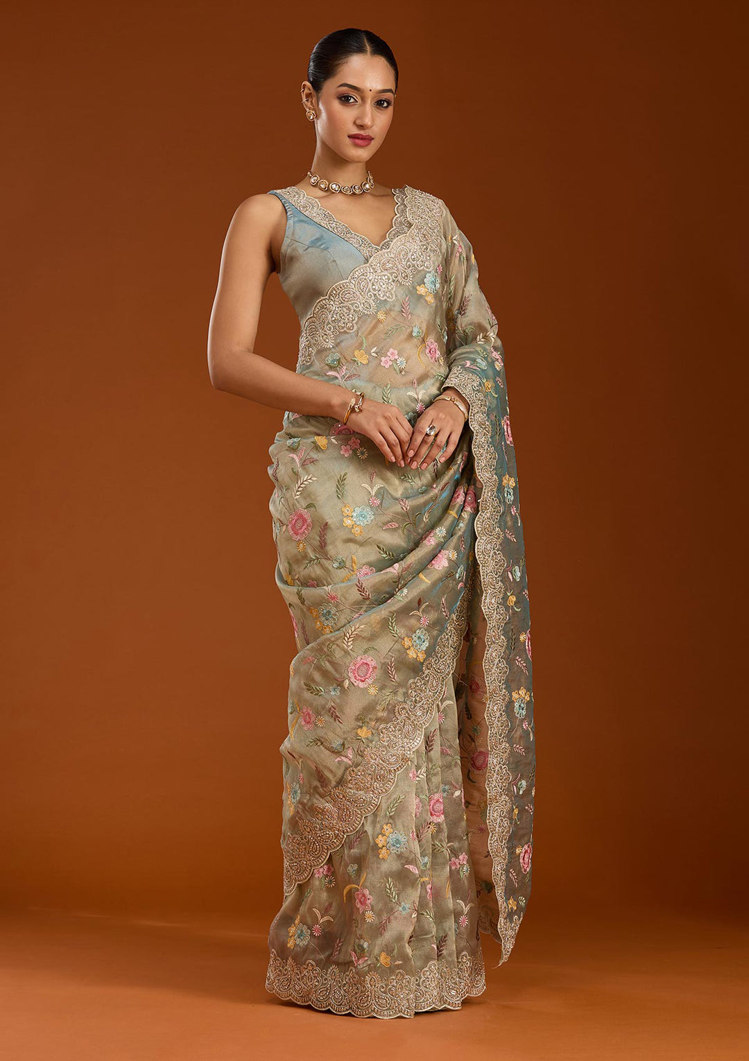 Sky Blue Tissue Cording Saree With Matching Blouse Piece