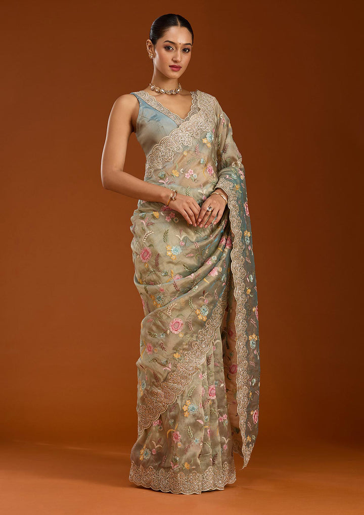 Sky Blue Tissue Cording Saree With Matching Blouse Piece