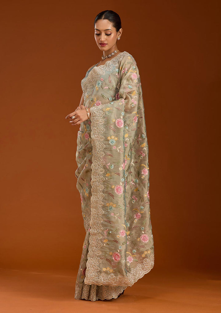 Sky Blue Tissue Cording Saree With Matching Blouse Piece