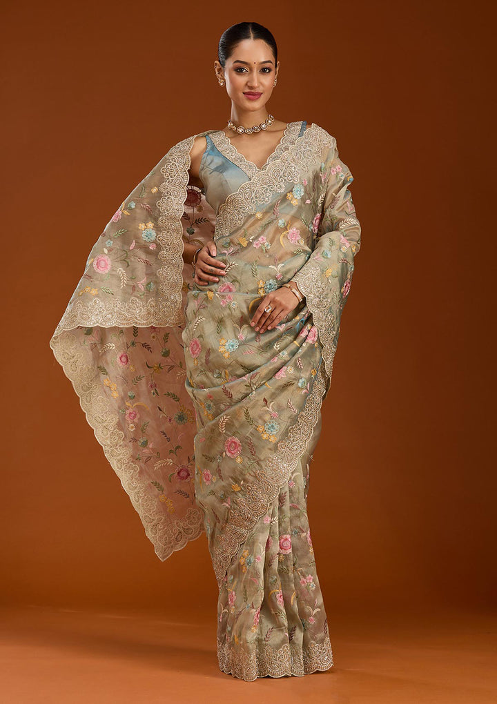 Sky Blue Tissue Cording Saree With Matching Blouse Piece