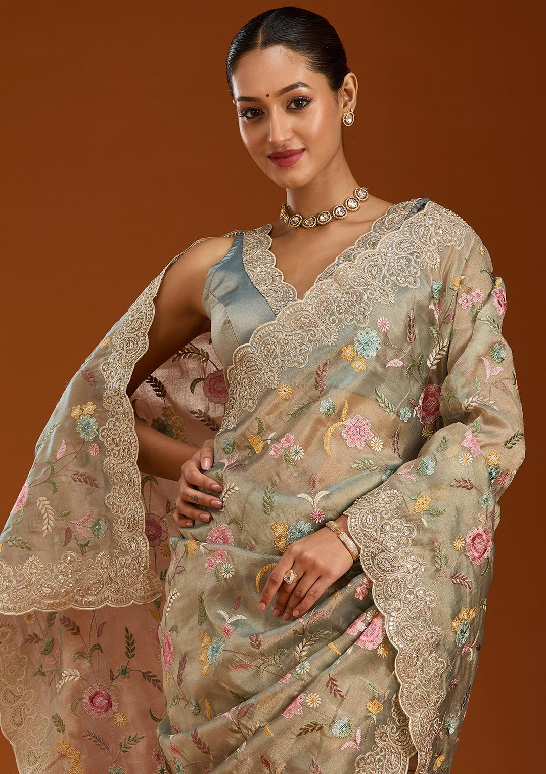 Sky Blue Tissue Cording Saree With Matching Blouse Piece