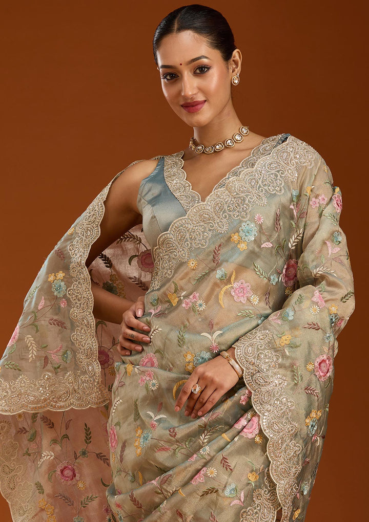 Sky Blue Tissue Cording Saree With Matching Blouse Piece