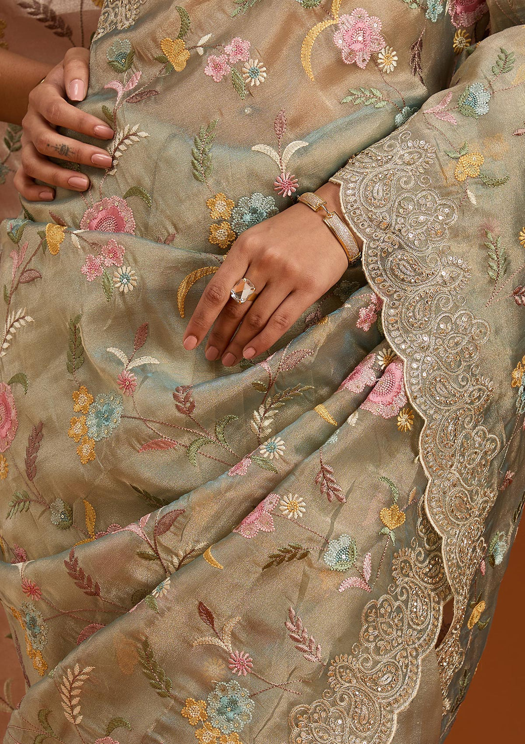 Sky Blue Tissue Cording Saree With Matching Blouse Piece