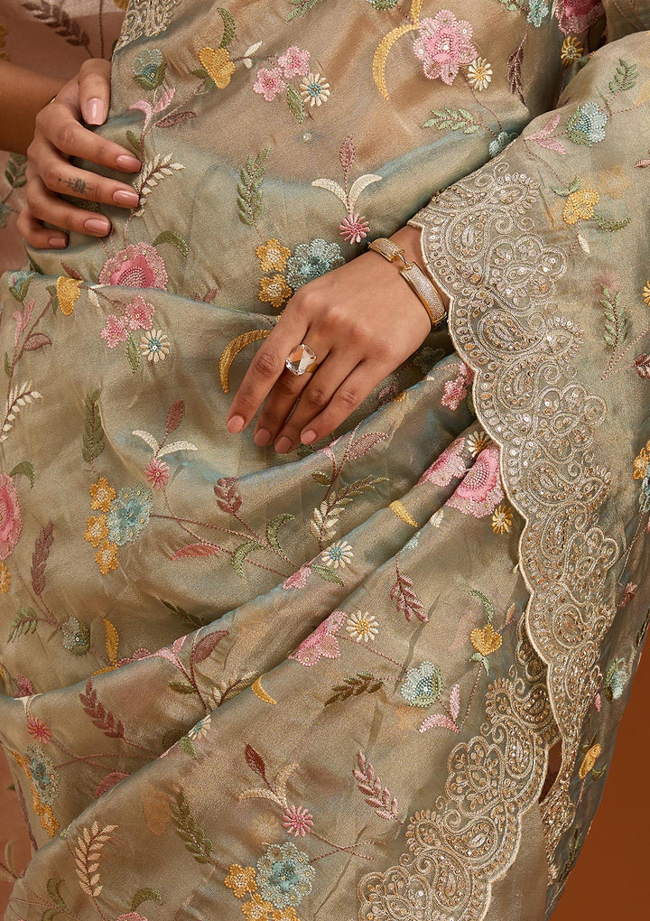 Sky Blue Tissue Cording Saree With Matching Blouse Piece