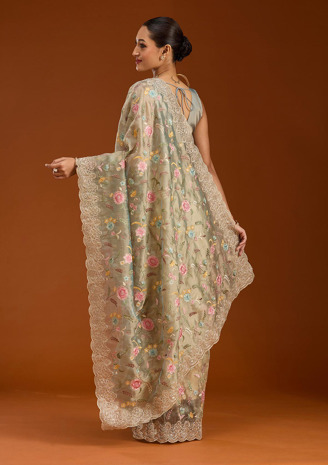 Sky Blue Tissue Cording Saree With Matching Blouse Piece