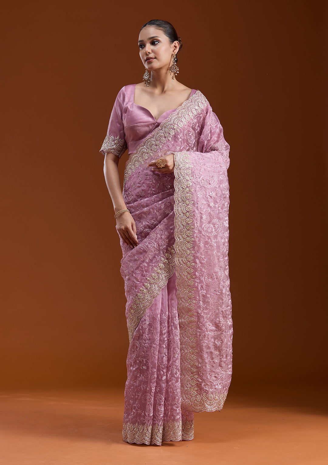 Lavender Tissue Cording Saree With Matching Blouse Piece