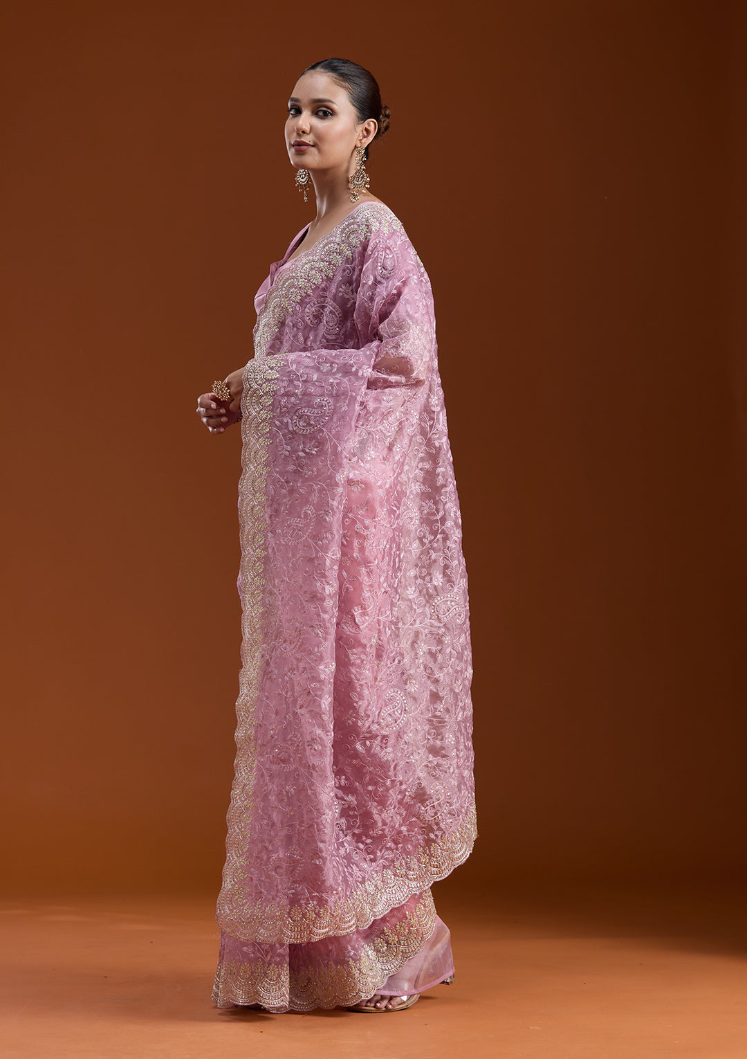 Lavender Tissue Cording Saree With Matching Blouse Piece