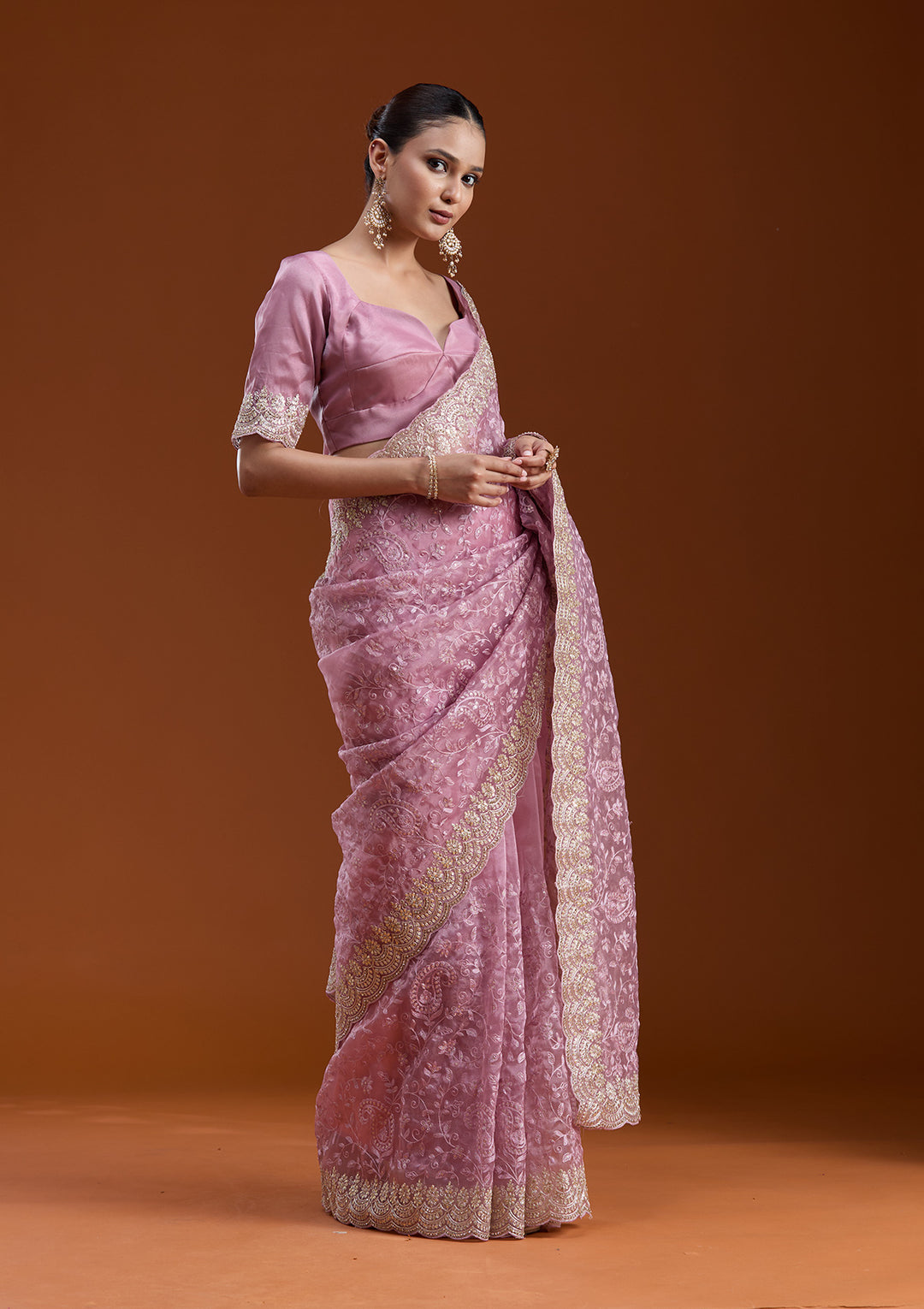Lavender Tissue Cording Saree With Matching Blouse Piece