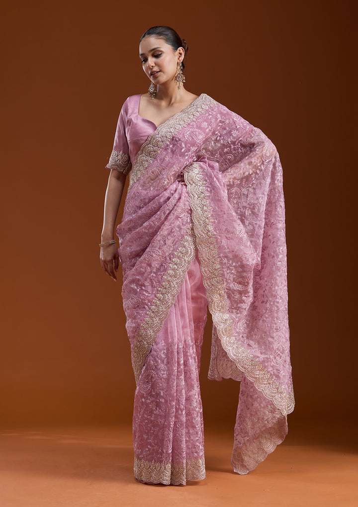 Lavender Tissue Cording Saree With Matching Blouse Piece