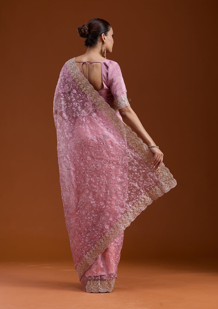 Lavender Tissue Cording Saree With Matching Blouse Piece