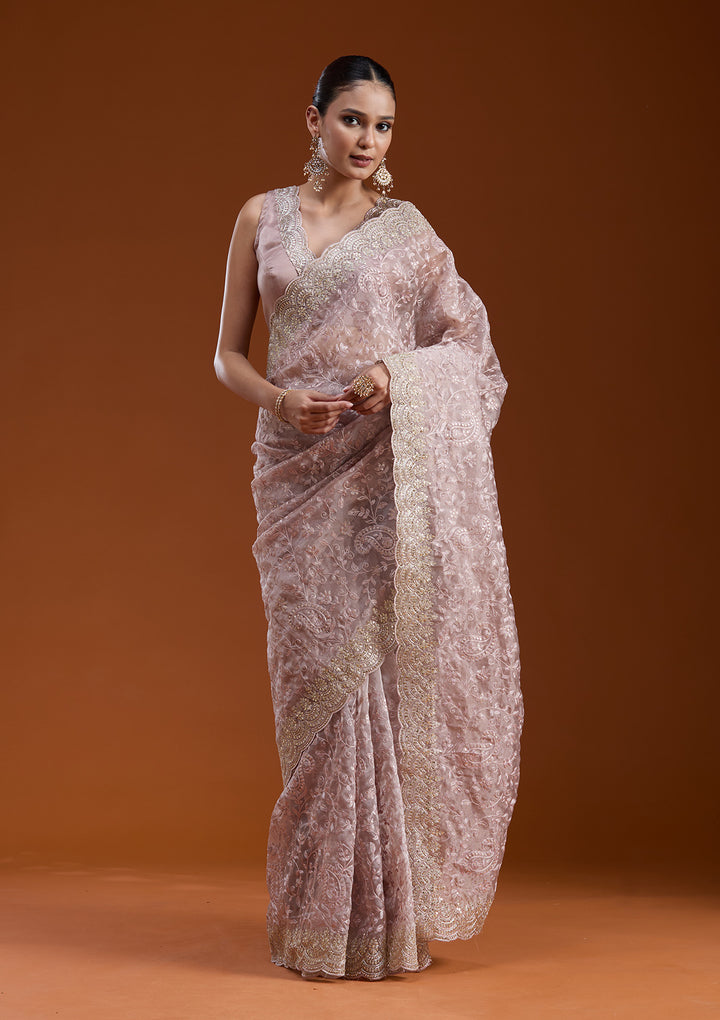 Mauve Tissue Cording Saree With Matching Blouse Piece