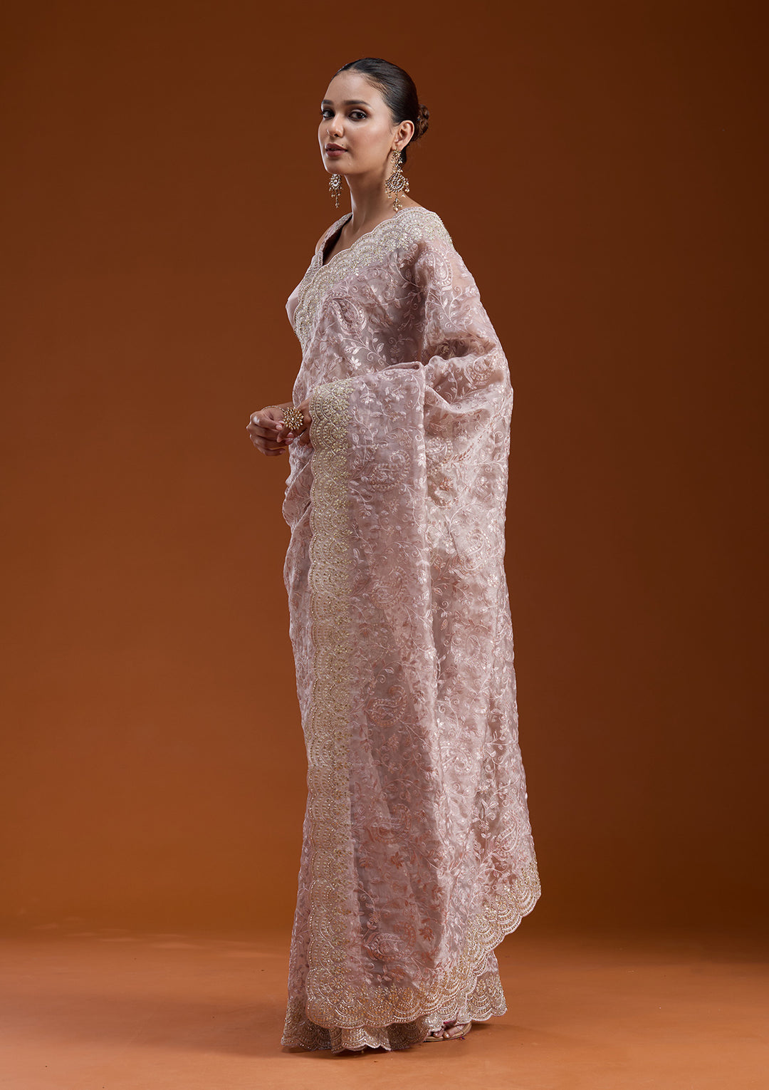 Mauve Tissue Cording Saree With Matching Blouse Piece