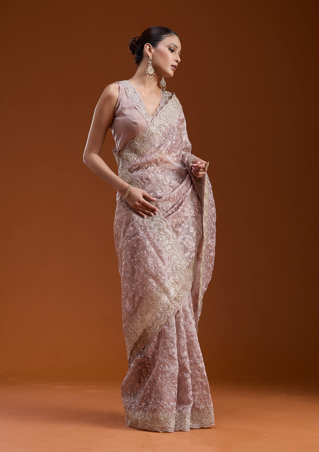 Mauve Tissue Cording Saree With Matching Blouse Piece