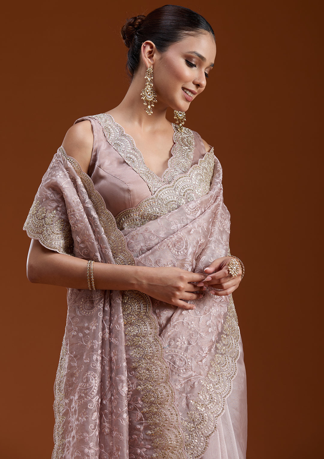 Mauve Tissue Cording Saree With Matching Blouse Piece