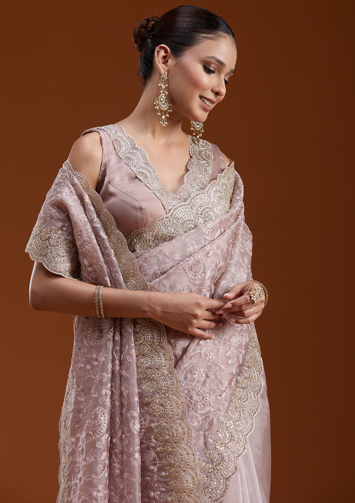 Mauve Tissue Cording Saree With Matching Blouse Piece