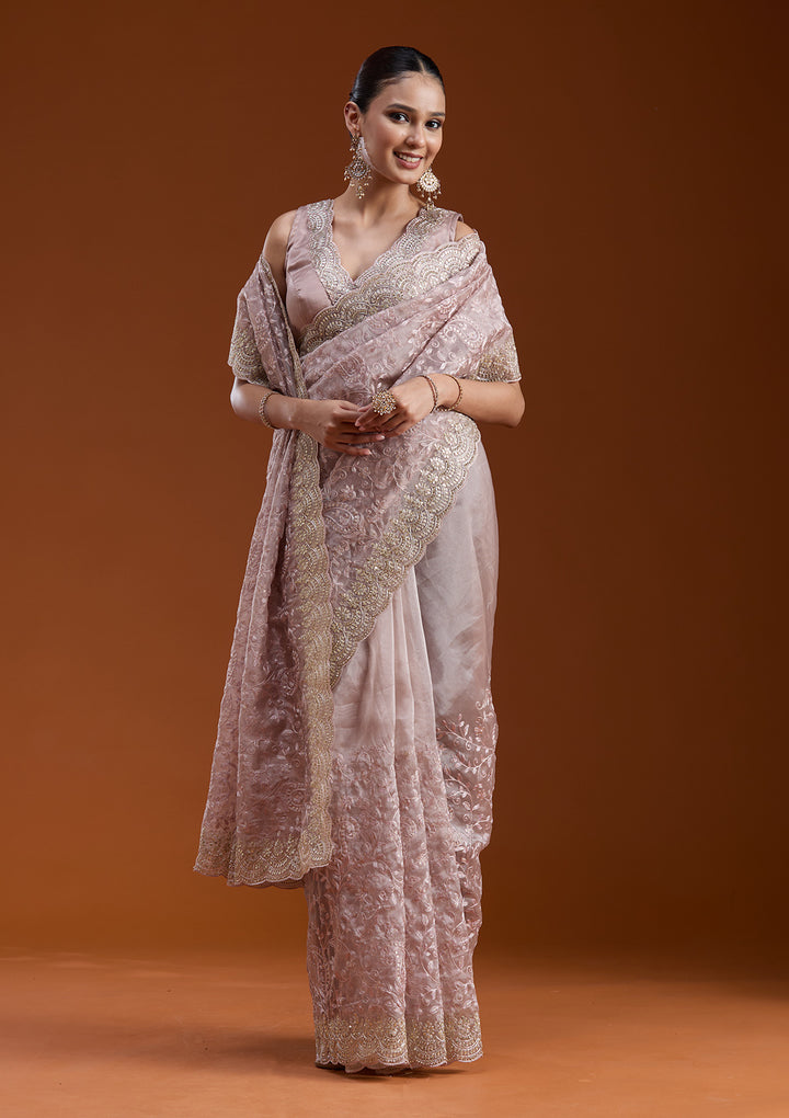 Mauve Tissue Cording Saree With Matching Blouse Piece