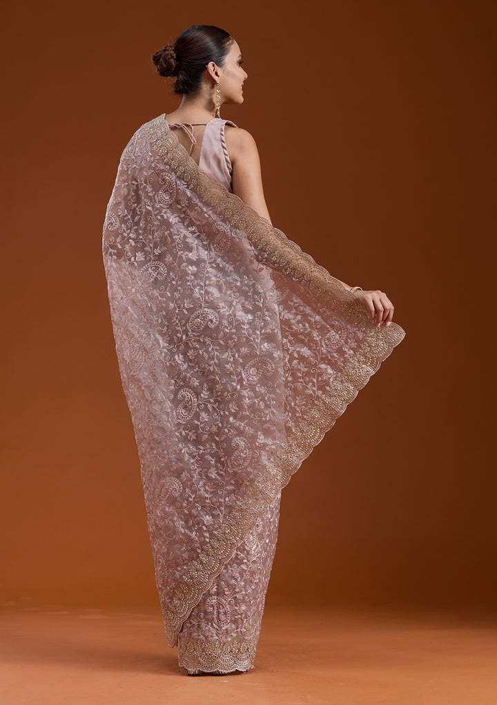 Mauve Tissue Cording Saree With Matching Blouse Piece
