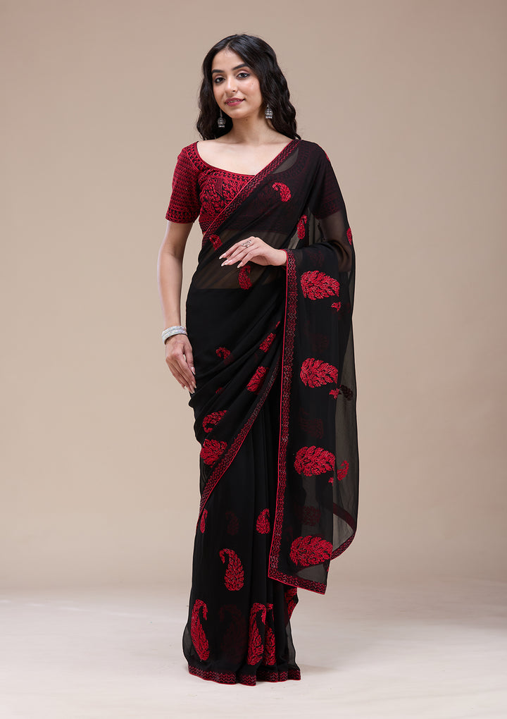 Black Georgette Threadwork Saree With Matching Blouse Piece