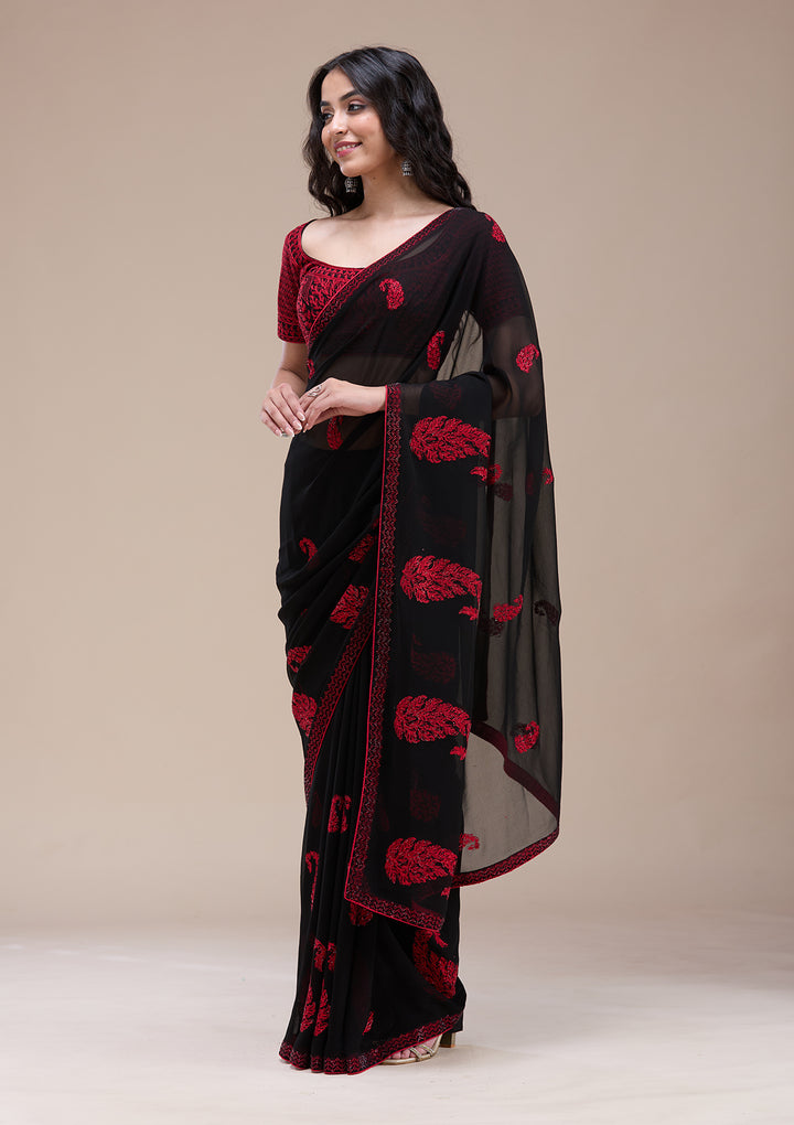 Black Georgette Threadwork Saree With Matching Blouse Piece