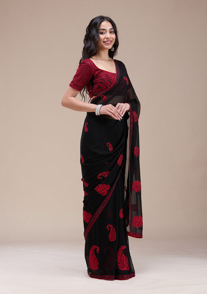 Black Georgette Threadwork Saree With Matching Blouse Piece