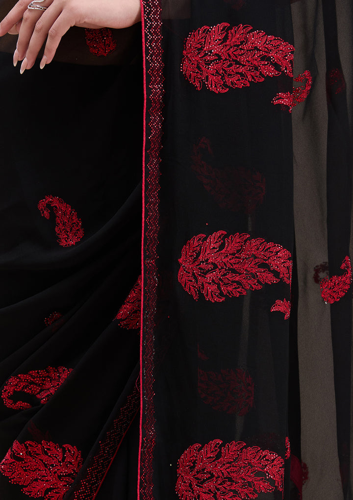 Black Georgette Threadwork Saree With Matching Blouse Piece