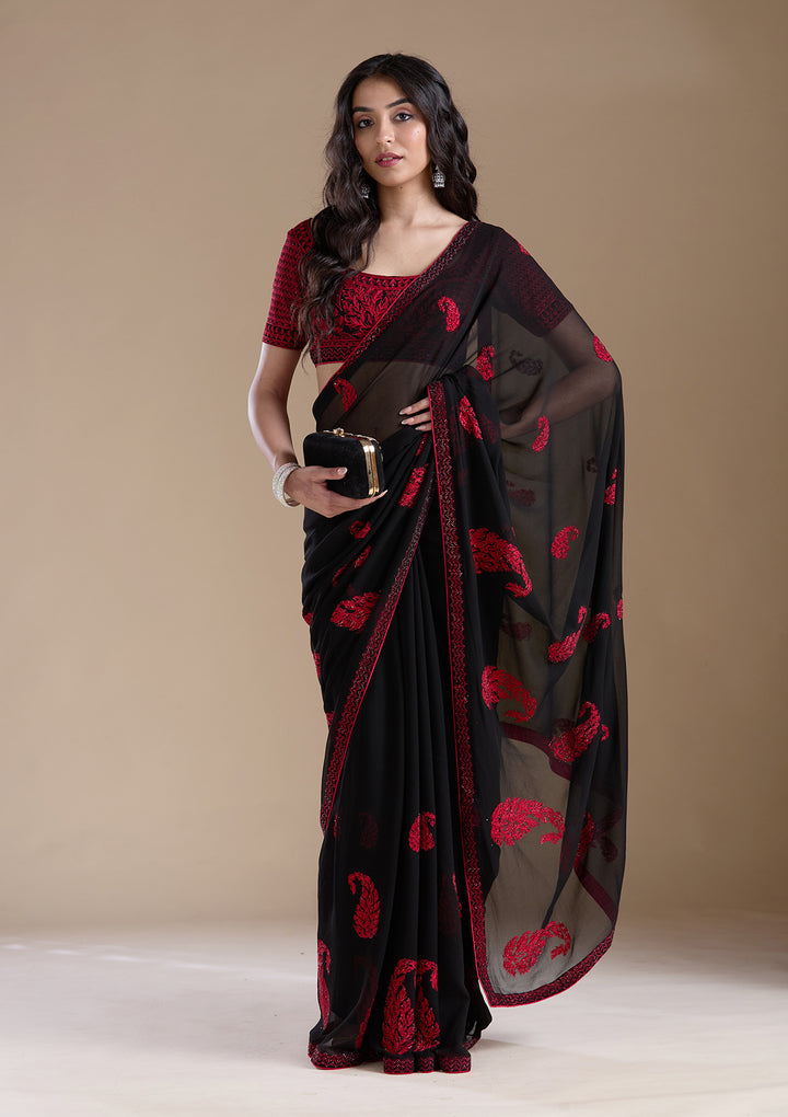Black Georgette Threadwork Saree With Matching Blouse Piece