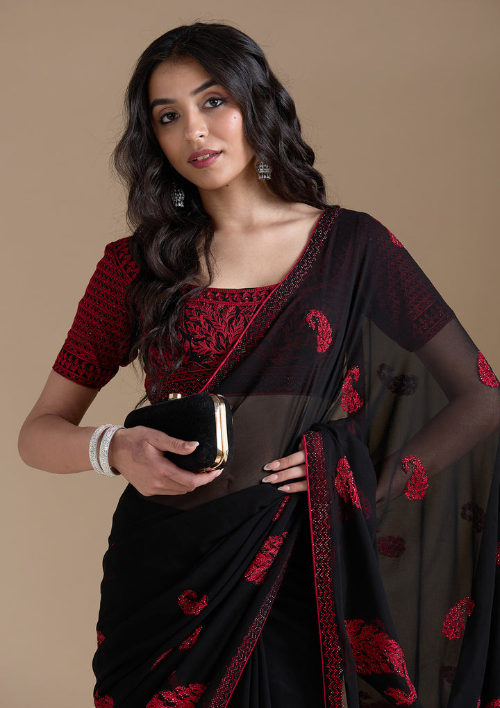 Black Georgette Threadwork Saree With Matching Blouse Piece