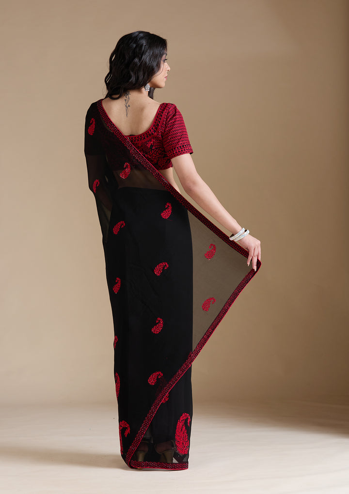 Black Georgette Threadwork Saree With Matching Blouse Piece