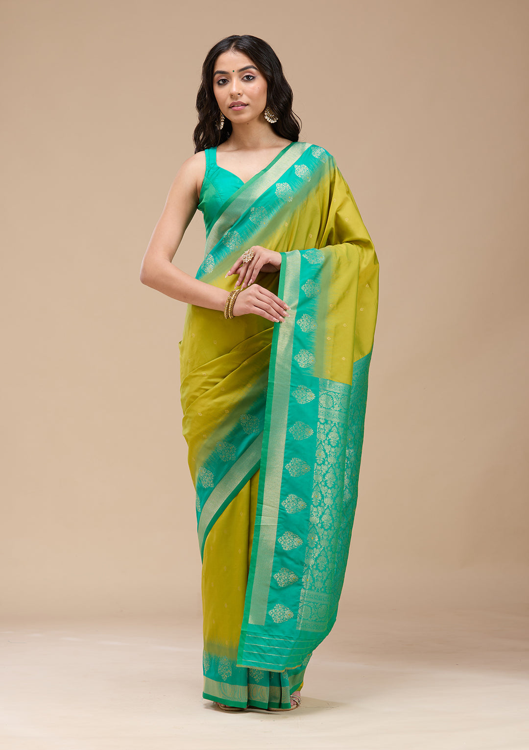 Parrot Green Silk Buti Gold Zariwork Saree With Matching Blouse Piece