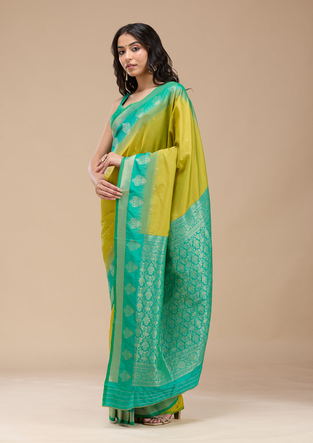 Parrot Green Silk Buti Gold Zariwork Saree With Matching Blouse Piece