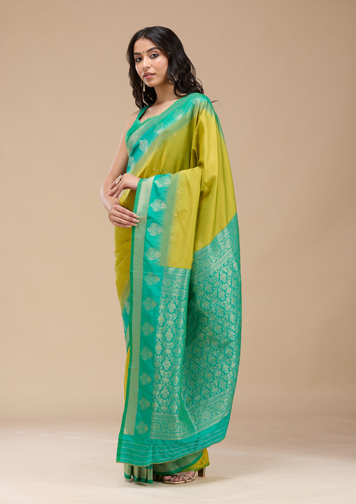 Parrot Green Silk Buti Gold Zariwork Saree With Matching Blouse Piece