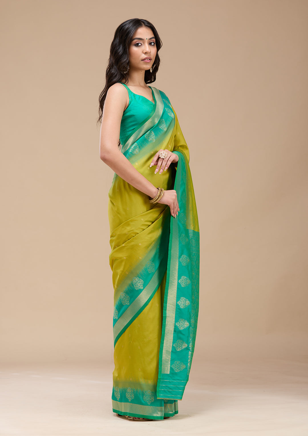 Parrot Green Silk Buti Gold Zariwork Saree With Matching Blouse Piece