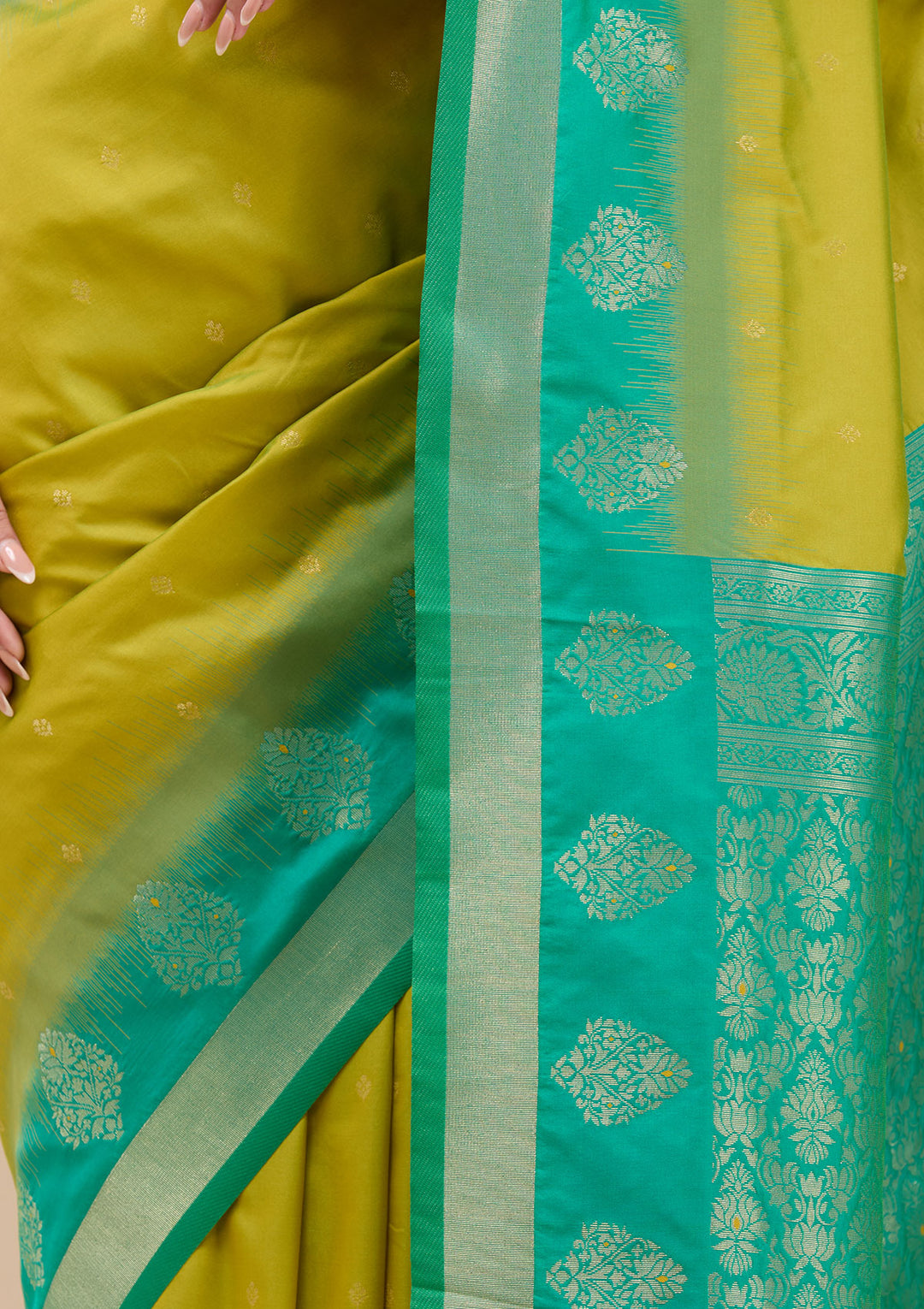 Parrot Green Silk Buti Gold Zariwork Saree With Matching Blouse Piece