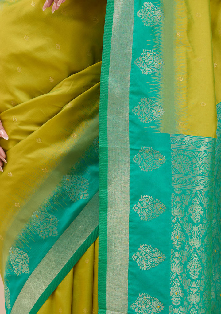 Parrot Green Silk Buti Gold Zariwork Saree With Matching Blouse Piece