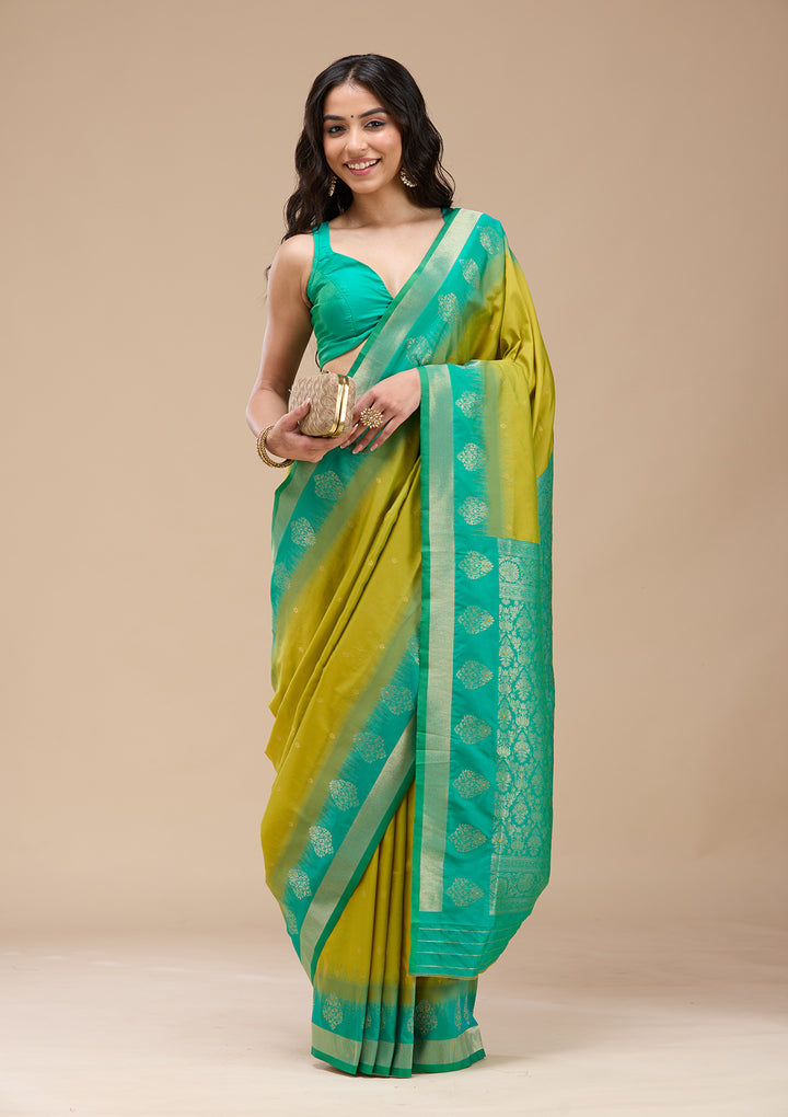 Parrot Green Silk Buti Gold Zariwork Saree With Matching Blouse Piece