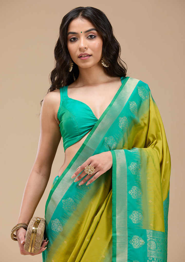 Parrot Green Silk Buti Gold Zariwork Saree With Matching Blouse Piece
