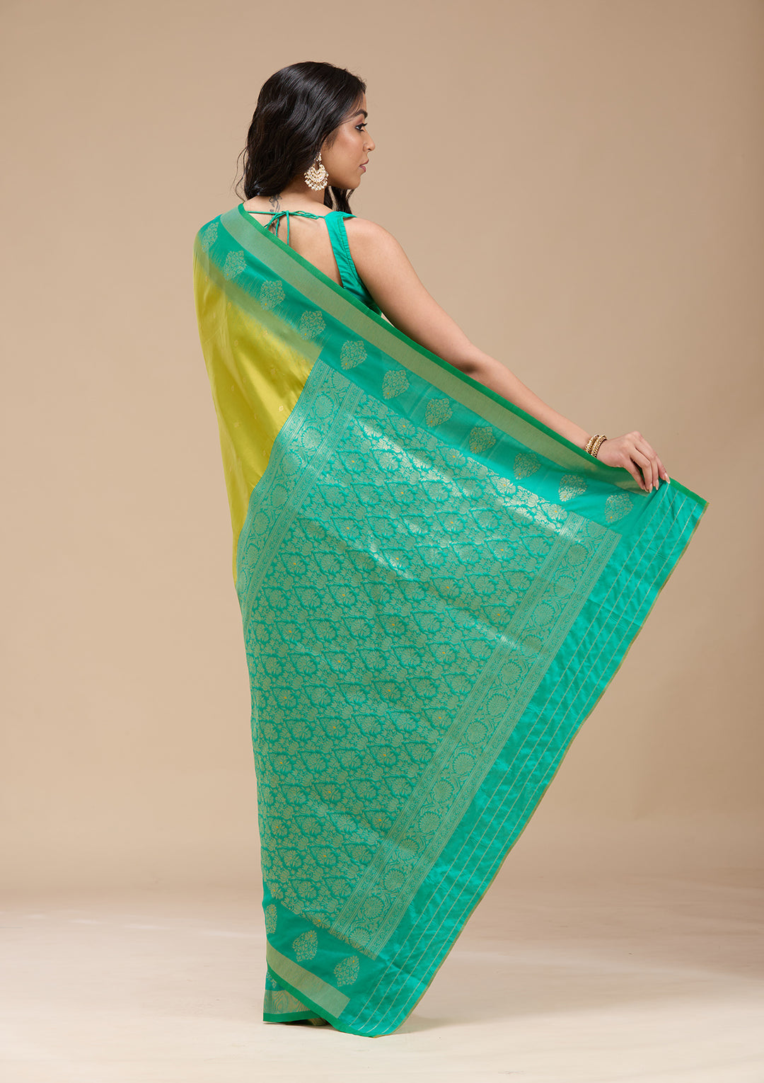 Parrot Green Silk Buti Gold Zariwork Saree With Matching Blouse Piece