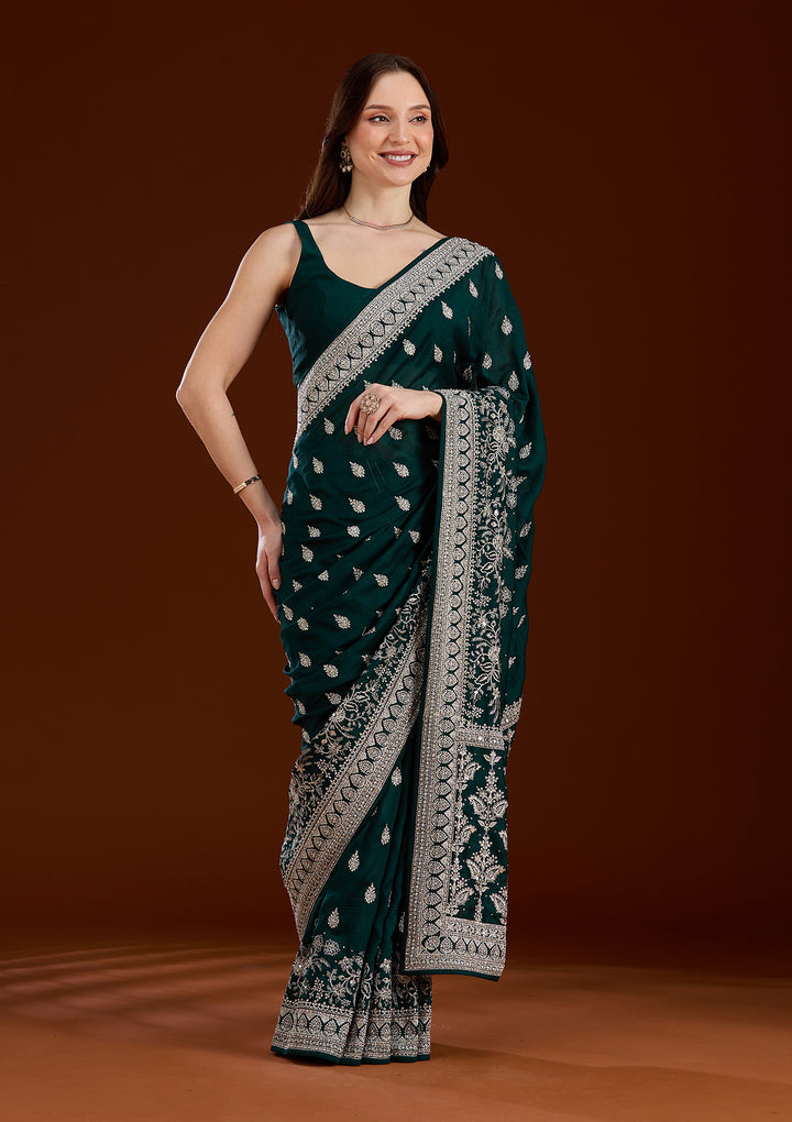 Bottle Green Zariwork (Silver) Soft Raw Silk Saree