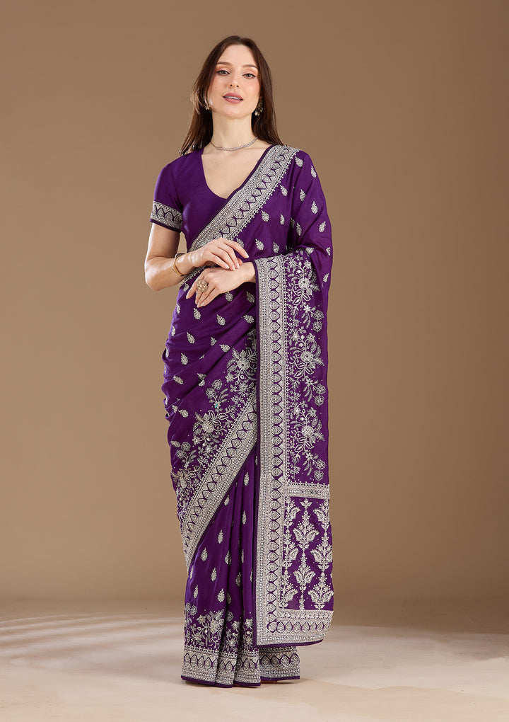 Purple Zariwork (Silver) Soft Raw Silk Saree