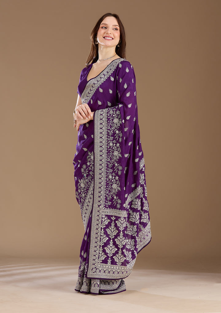 Purple Zariwork (Silver) Soft Raw Silk Saree