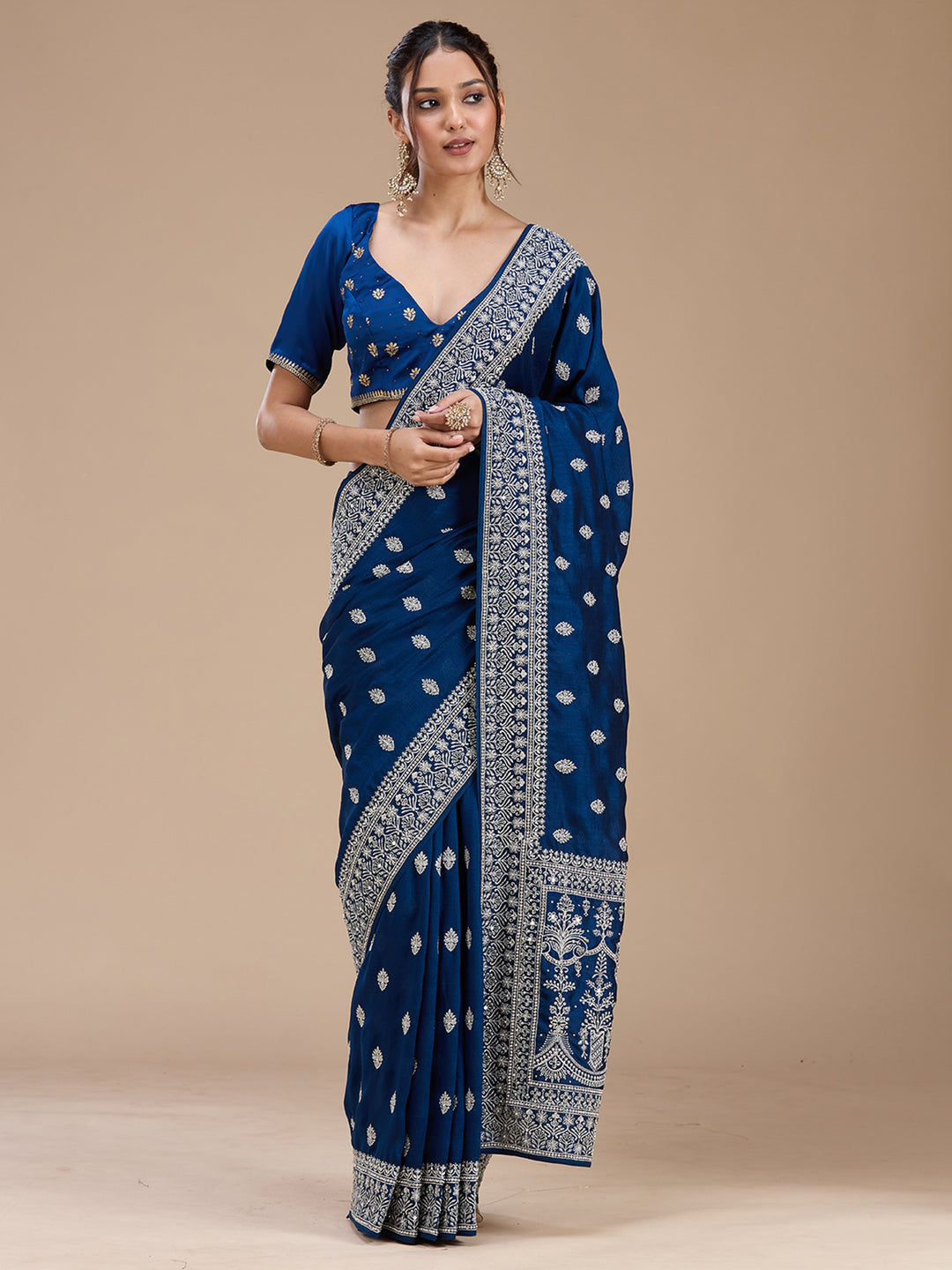 Peacock Blue Soft Raw Silk Silver Zariwork Saree With Matching Blouse Piece
